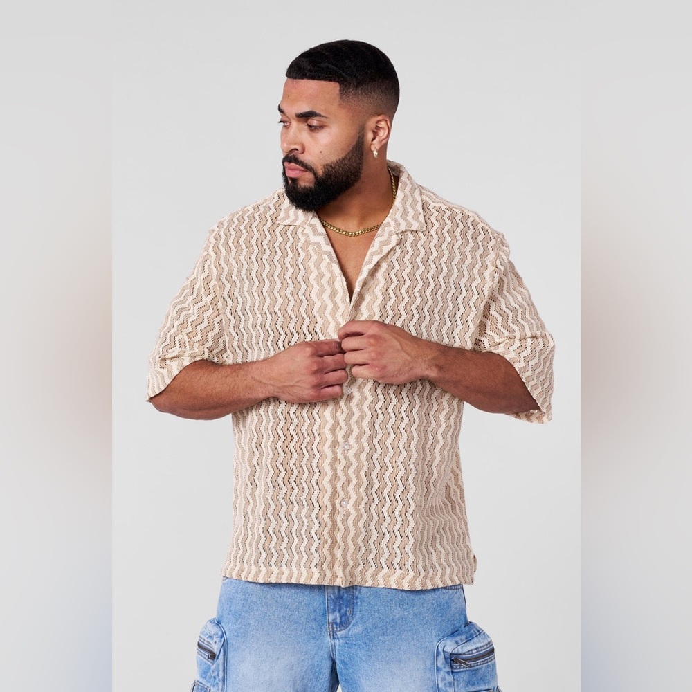 Mens YoungLA 4169 Cabana Short-Sleeve Button-Up Shirt -Beige Stripes Size Medium